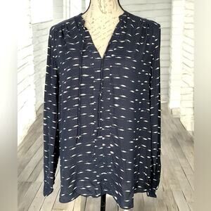 Hobbs London Popover Tie Neck Long Sleeve Blouse Navy 6 NWOT